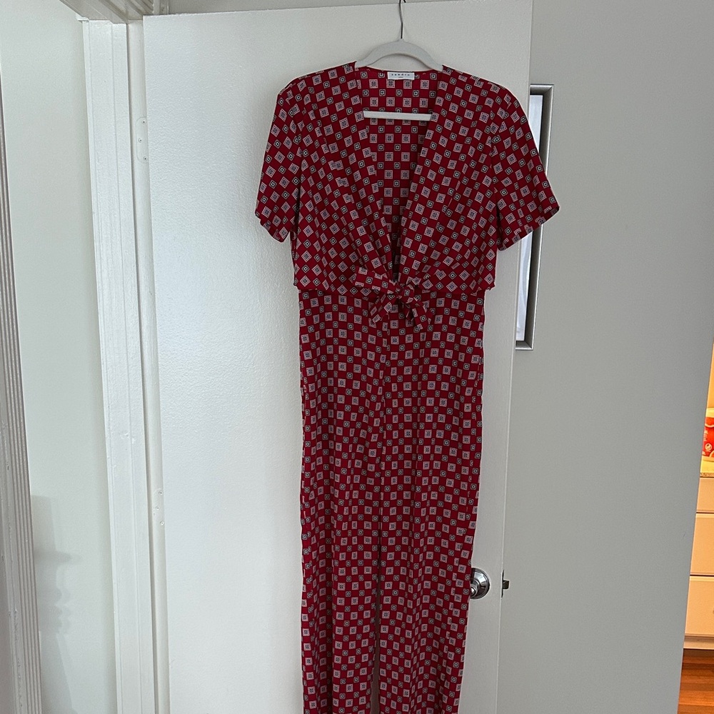 Sandro Red Geometric Tie-Front Jumpsuit